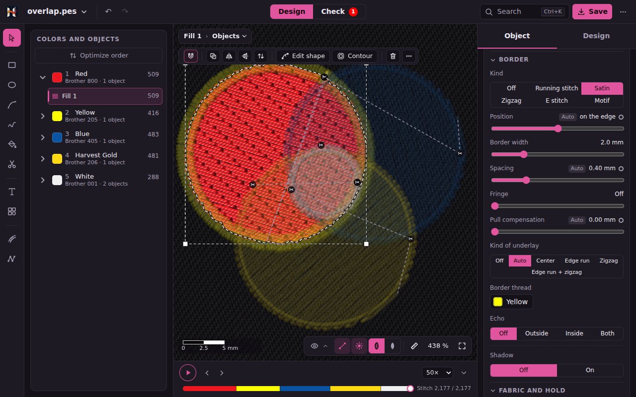 The red circle of the overlap demo with a satin edge in its own thread, the border settings on the right
