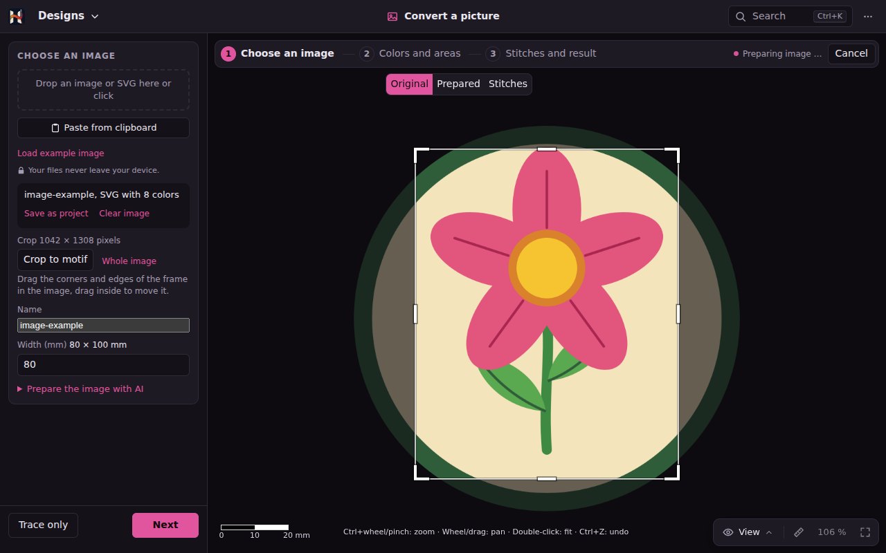 The example image in the first step of Convert a picture with the crop frame around the flower, the outside dimmed, the crop in pixels and the width in mm on the left