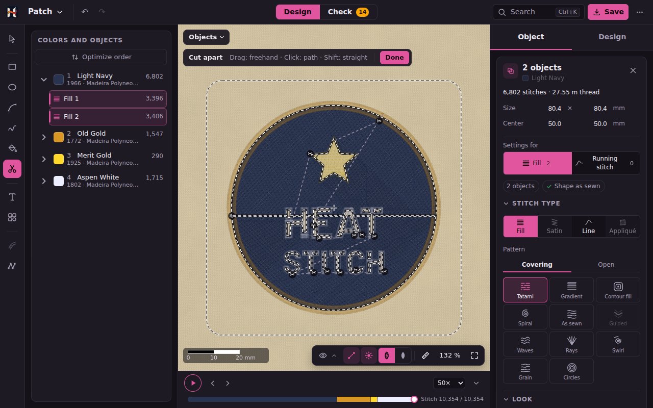The patch from the demo project: the blue disc with a straight cut line through its middle, two fills instead of one in the list on the left, the Cut apart tool bar at the top