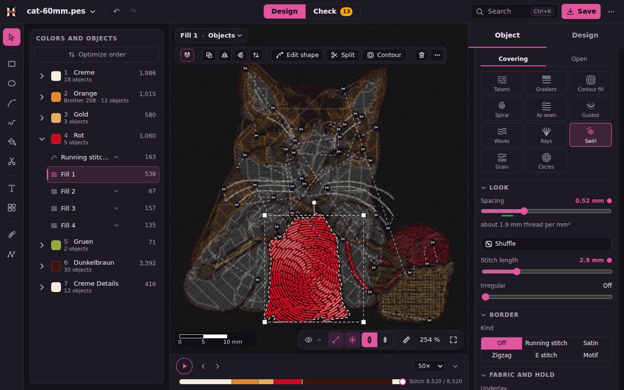 The red sweater of the cat with the Swirl pattern, on the right the pattern tabs Covering and Open with their tiles