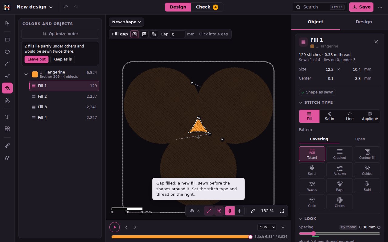 Three overlapping circles and the Fill gap tool: the gap between them has just become a new fill, above the tool's bar with Enclosed, With bays, Background and Gap, below the notice Gap filled