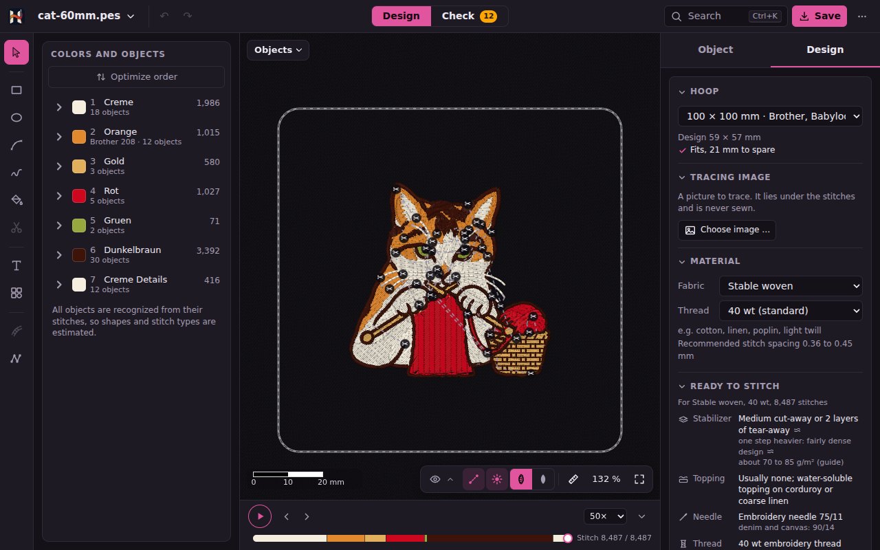 The cat in the 100 × 100 mm sewing field, drawn dashed around the design, the Design card on the right