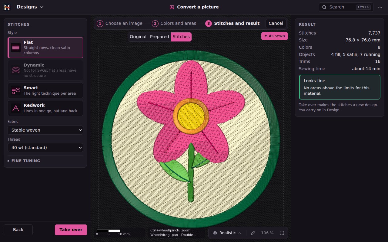 The example flower in the third step of Convert a picture: fill, satin and running stitches over the prepared image, style, material and result on the right