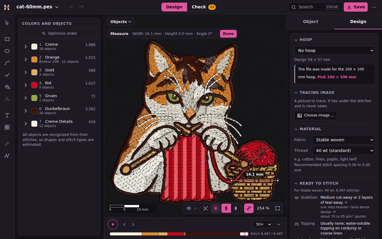 The cat with the Measure tool: a line across the basket reading 16.1 mm, width, height and angle above, the scale bar 0, 5, 10 mm at the bottom left