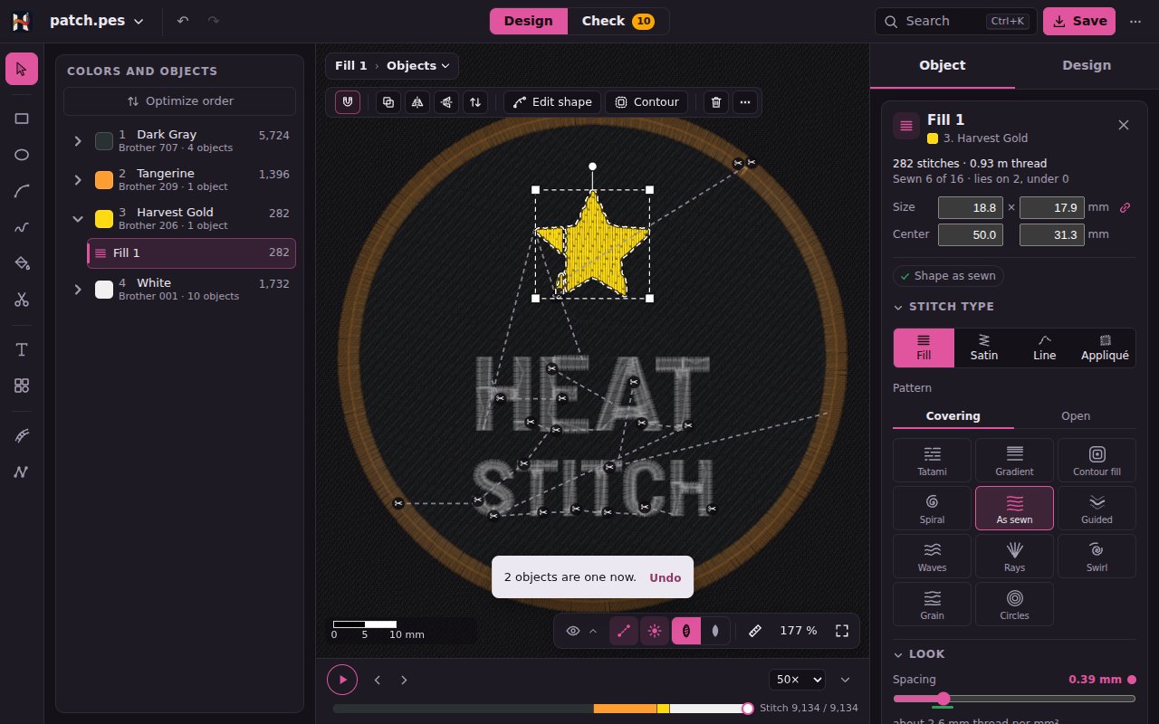 The star of patch.pes as one object, on the right the Object card with its two parts