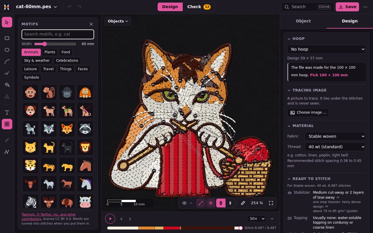 The Motifs library in place of the object list: search box, categories and tiles with ready-made motifs, the example cat on the right