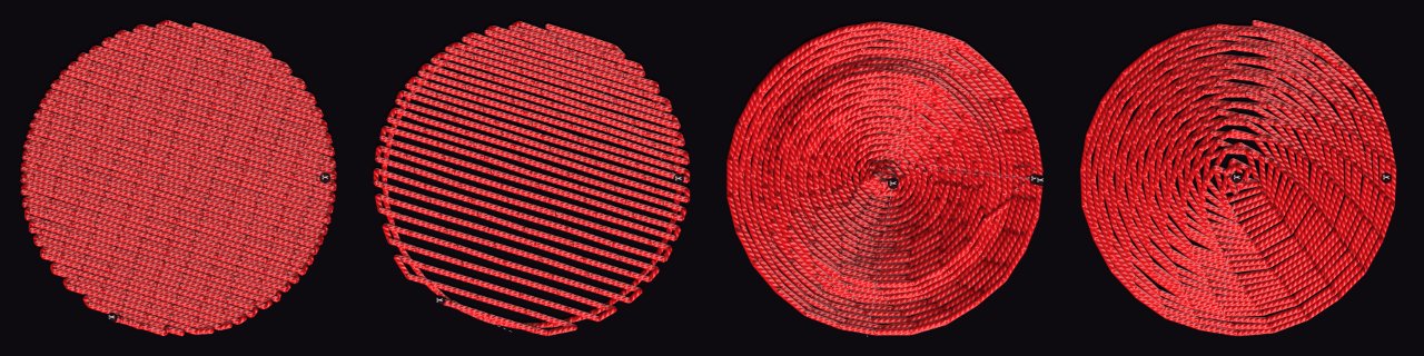 The red circle of the overlap demo sewn four ways: tatami with a brick offset, gradient, contour fill and spiral