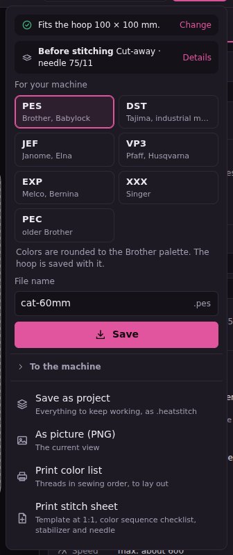 The Save menu: hoop, Before stitching, the formats for the machine, file name, To the machine (closed), Save as project, As picture, print color list and stitch sheet