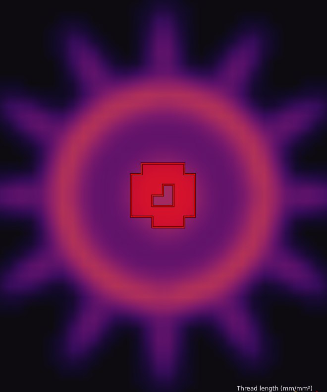 Sun design on knit fabric: the tight spiral in the middle is a critical short-stitch cluster