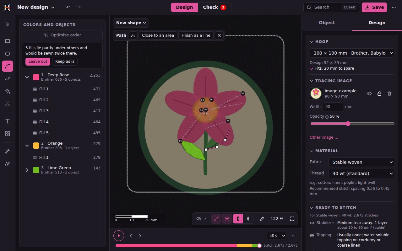 The example flower as the tracing image under a new design: blossom and one leaf are traced already, the path tool is drawing the second leaf, on the right the Tracing image section